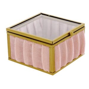 SCATOLA QUADRATA VELLUTO ROSA CON PROFILI METALLO ORO 8,5X8,5 H.5