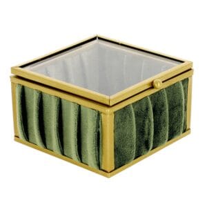 SCATOLA QUADRATA VELLUTO VERDE CON PROFILI METALLO ORO 8,5X8,5 H.5